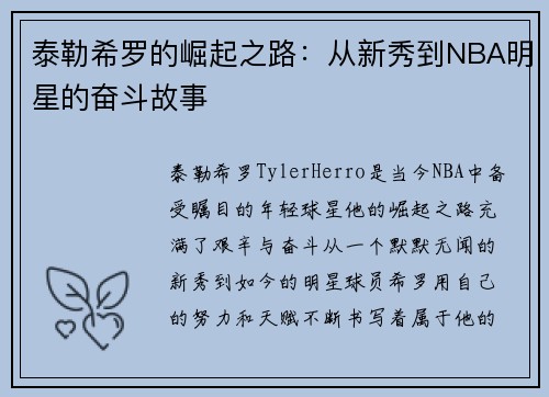 泰勒希罗的崛起之路:从新秀到NBA明星的奋斗故事 泰勒希罗的崛起之路:从新秀到NBA明星的奋斗故事